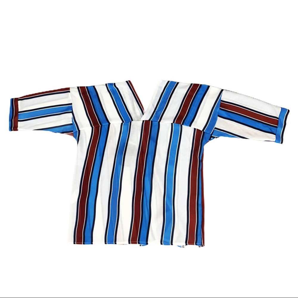 NWT Haute Rogue V Neck Blue Red White Stripe Button Down Shirt Size Medium